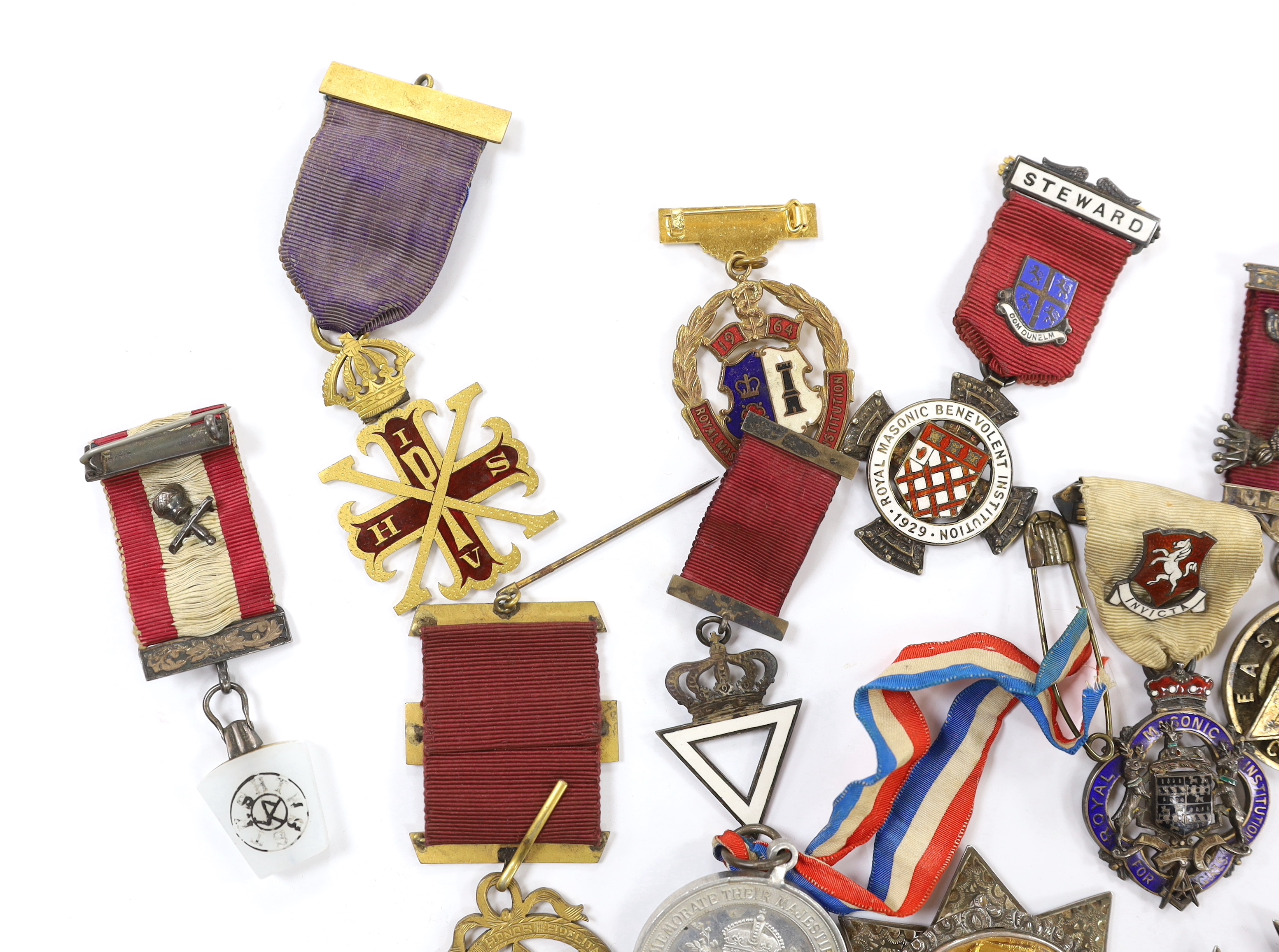 Fourteen Masonic and Order of Buffaloes medals, including enamelled examples, named lodges and silver hallmarked examples